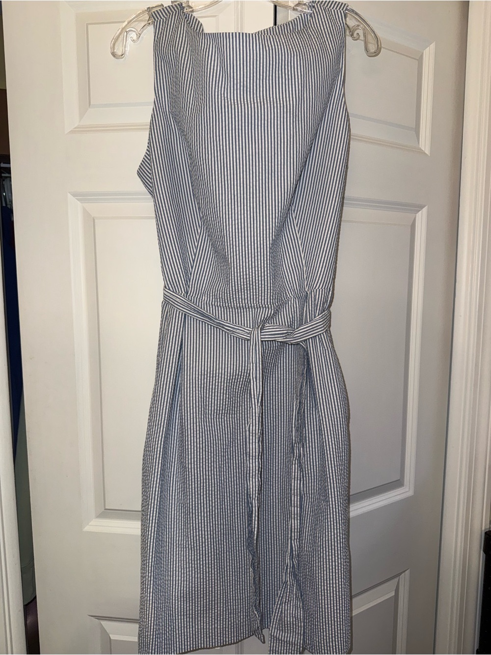 Anne Klein Blue and White Striped Sleeveless Midi Dress with Waist Tie